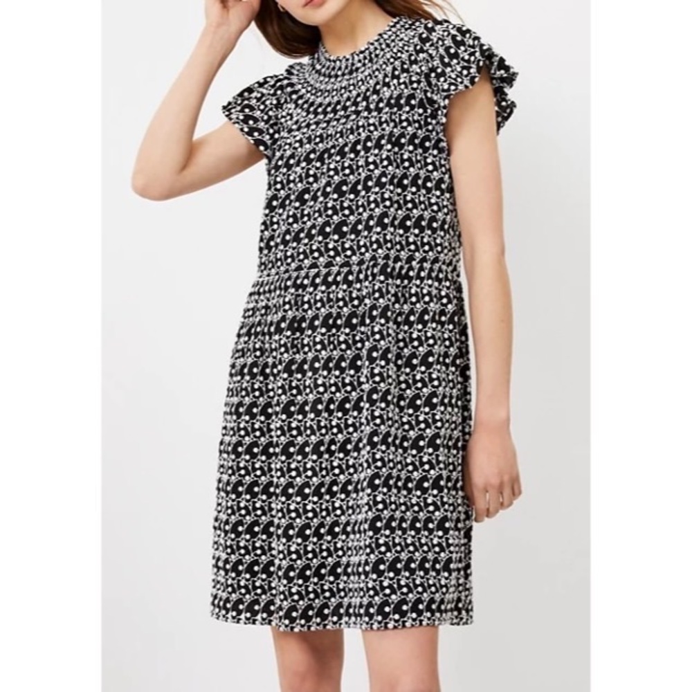 Loft Petite Black and White Eyelet Smocked Yoke Swing Mini Dress Size SP